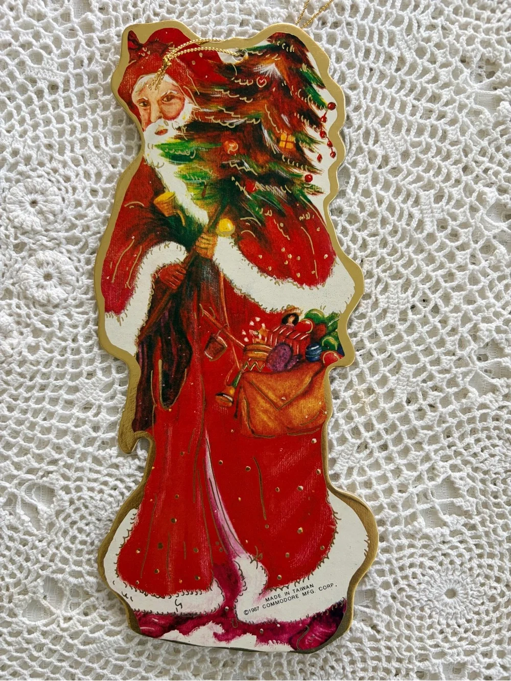 4 Vintage 1987 Die Cut Santa Claus Hanging Ornaments Father Christmas Victorian